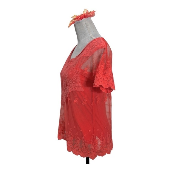 Sfera Coral Sheer Lace Embroidered Short Sleeve Top M - Picture 5 of 10